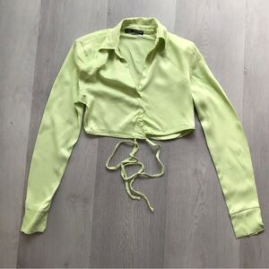 ZARA GREEN LIME SATIN CROP TOP BUTTON FRONT LONG SLEEVE TIE BELT WOMENS XS